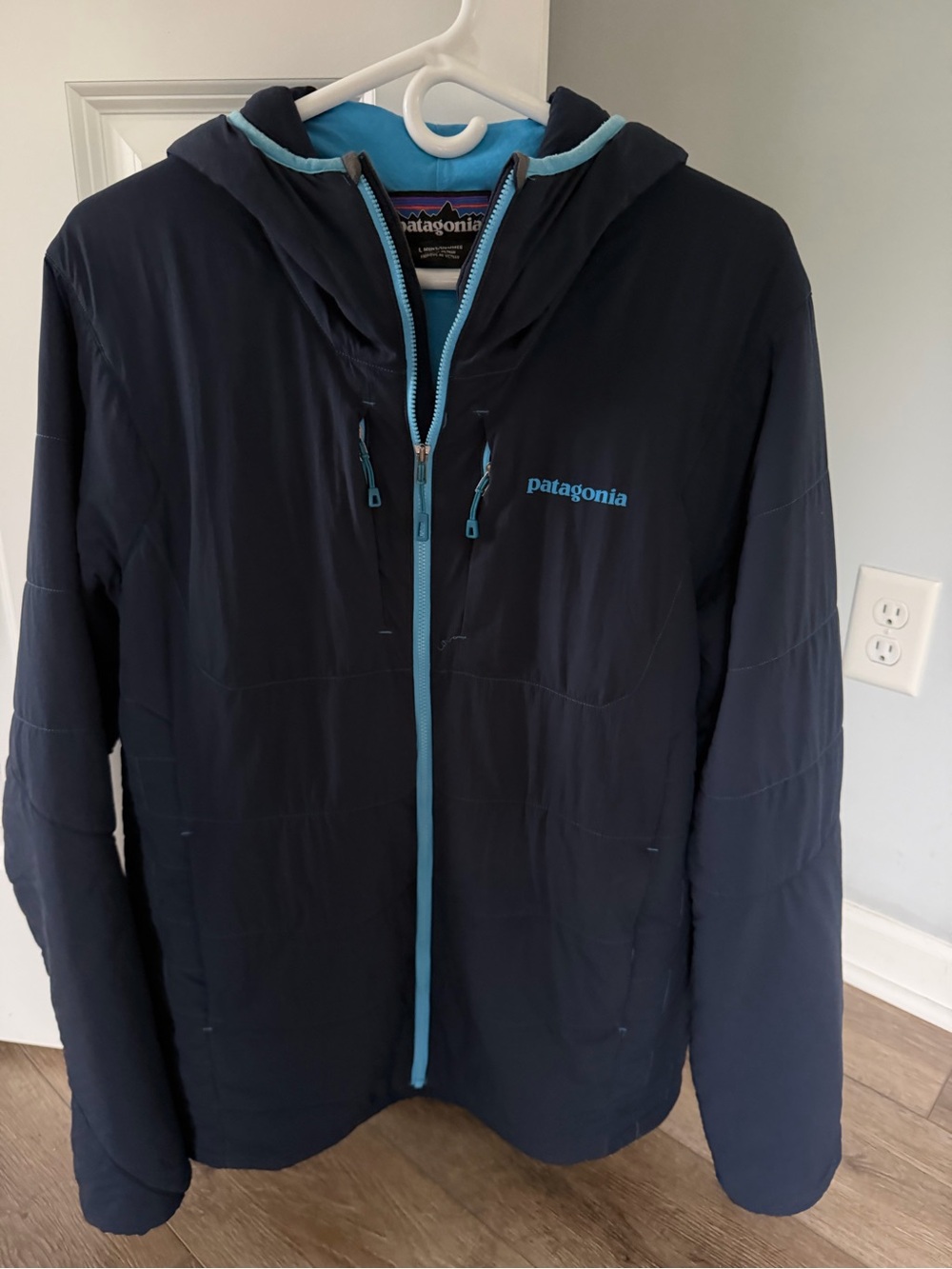 Patagonia Navy Blue Hooded Puffer with Light Blue Trim